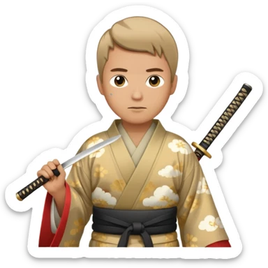 Tan and short haired man in kimono with cloud print holding katana sticker