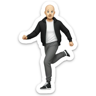 a bald white man, with a black sweater and gray jogging pants and dancing shoes sticker