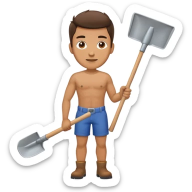 man holding 1 shovel pointed to his thigh sticker
