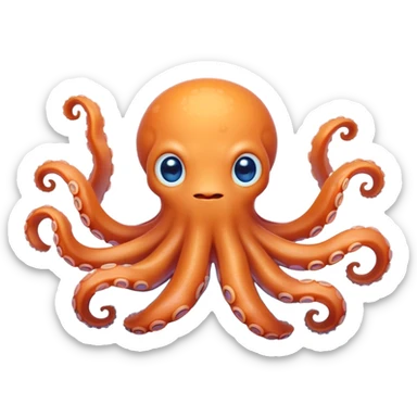 Cinematic Cute Octopus Portrait Emoji, Head tilted playfully and inquisitively, featuring a rounded, light orange body embellished with playful blue rings, eight adorably curling arms, and big, twinkling eyes full of wonder, Simplified yet irresistibly adorable features, highly detailed, glowing with a warm, inviting underwater glow, high shine, affectionate and lively, stylized with a touch of whimsical cartoon charm, soft glowing outline, capturing the essence of a mischievous yet loving octopus that seems as if it could bob out of the screen into your arms! sticker