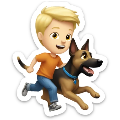 blond boy with blue eyes running with his malinois dog sticker