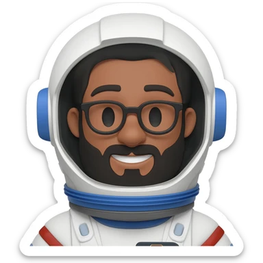 astronaut with helmet in space brown skin, black eyes, glasses and beard smiling black hair show body sticker