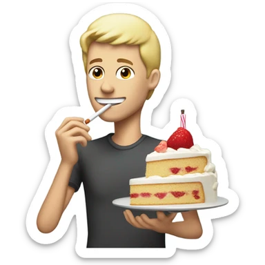 Skinny blonde guy smoking and eating cake sticker