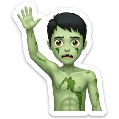 green zombie with one hand raised in the air and black hair sticker
