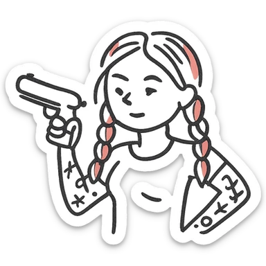 A character with red and white braided hair, tattoos on her arms, holding a gun sticker