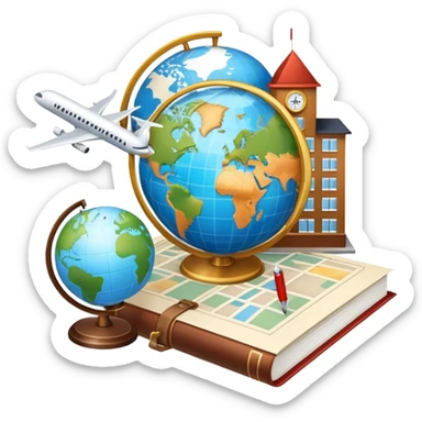 An icon featuring a hotel building, and a globe, symbolizing the scientific study of tourism and hospitality. The design includes a map, a plane and train, a compass, and a checklist, representing travel planning and service management. Transparent background sticker