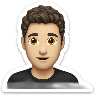 a slim white man with messy short dark brown hair, with a black t-shirt, side ears sticker