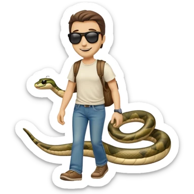 friendly anthropomorphised snake in jeans, t-shirt, dark sunglasses, walking with a smile sticker