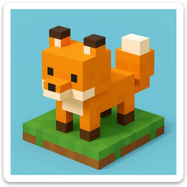Minecraft-style voxel fox, blocky and pixelated, orange and white fur, standing on grass, simple background sticker