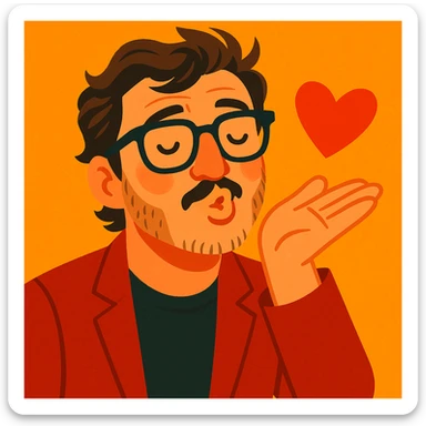 Pedro Pascal, stylish glasses, blowing a kiss, warm and friendly, fun and expressive style, playful and charming, cute and animated sticker