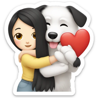 Japanese spitz dog hug black hair girl+heart sticker