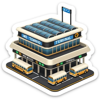 A 3D cartoon bus terminal with multiple buses parked, roofed structure, and directional signs, Memoji-style. sticker