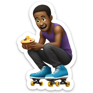 Greedy man eating food whilst skating on quads skates sticker