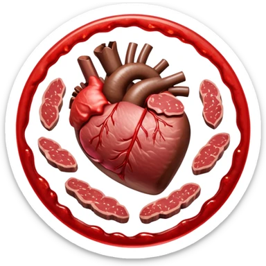 Several cuts of steak, beef, and liver arranged in a circle around a pulsing heart and bright red blood cells. Red energy flows from the meat into the blood cells, which then carry oxygen to the heart and muscles, representing iron's role in energy production. sticker
