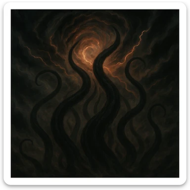Show only the tentacles emerging from the vortex in the sky, no visible creature, cosmic horror style, dramatic lighting, swirling clouds and energy. Focus on the tentacles and the vortex atmosphere with cosmic horror elements and dramatic lighting effects. sticker