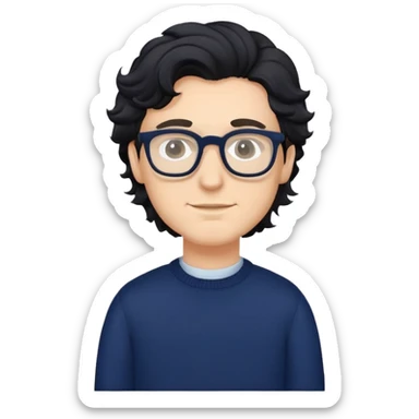 Caucasian man with black wavy hair wearing glasses and a long sleeve navy blue sweater sticker