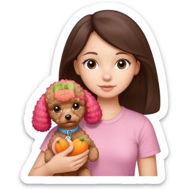 Long straight brunette girl with baby pink shirt holding a apricot toy poodle sticker
