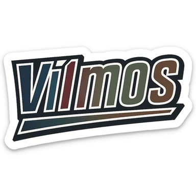 Vilmos name in masculine, modern gradient font with precise Hungarian characters, dark contour, extra wide and prominent white letter frame as in reference images, dynamic slanted underline, masculine color shades (blue, gray, burgundy, green, brown), 1000x1000 px, PNG, transparent background sticker