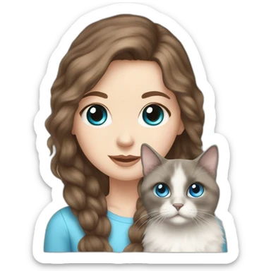 white girl brown hair girl with blue eyes with seal fluffy ragdoll cat  sticker