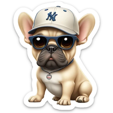 A beige French bulldog with a baseball bat and a baseball cap on with dark sunglasses sticker