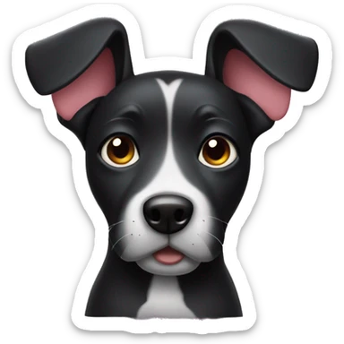 black dog with big up ears holding up a heart sticker