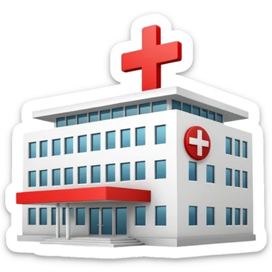 A hospital building with a large red +. In PNG format. sticker