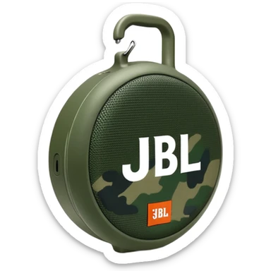 Super simplified JBL Clip 4, basic round speaker with hook, minimal green camouflage pattern, clear JBL logo, iOS emoji style sticker