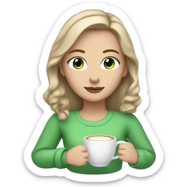 A white girl with dark blonde hair, green eyes, and is wearing a lilac sweater sipping a latte sticker