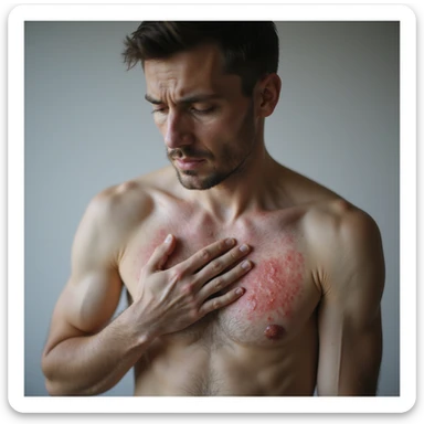 realistic man with inflamed rash on torso and arm, gently examining skin, concerned expression, soft lighting, neutral background, medical realism, dermatology focus, 4K sticker