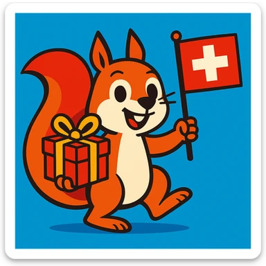 squirrel holding a gift in one hand and a Swiss flag in the other, vibrant toon style sticker