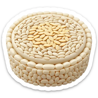A round puffed rice cake, flat disc shape, light beige/off-white color, bumpy textured surface showing compressed puffed rice grains, crispy appearance, simple flat design, centered on transparent background. sticker