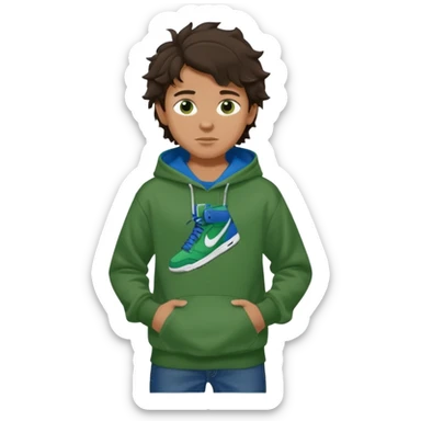 a 14 year old slightly tanned teenage boy with dark brown tousled wavy hair, dark brown eyes wearing a green tshirt, a dark green hoodie, blue jeans and green nike air jordans sticker
