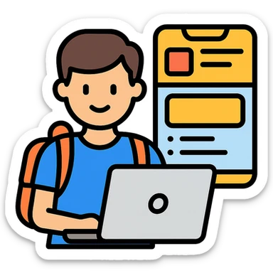 college student using a laptop, designing a mobile app interface sticker