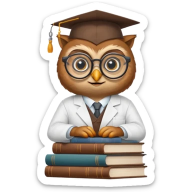 Wise owl with glasses, wearing a lab coat, perched on a stack of books. sticker