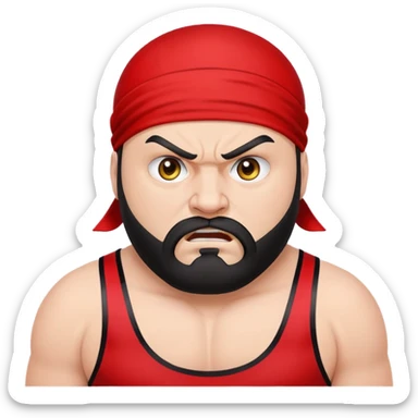 White skin fat guy with black durag, black beard, black eyes in a red and black wrestling singlet with angry face sticker