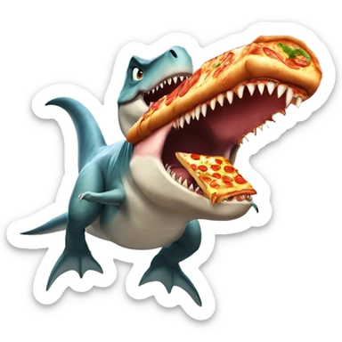 T-Rex riding a shark with pizza sticker