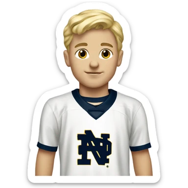 A blonde haired kid wearing a notre dame jersey sticker