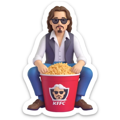 Johnny Depp sitting in a KFC bucket, long hair, facial hair sticker