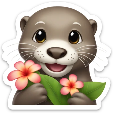 A happy and cute otter face holding a Hawaiian flower sticker