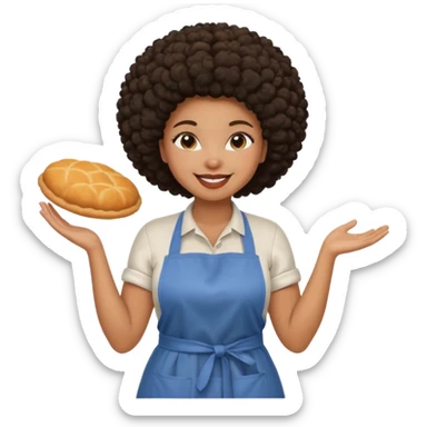 Mujer curvy afro, con vestimenta cómoda y delantal, con sonrisa contagiosa y dando la bienvenida  sticker