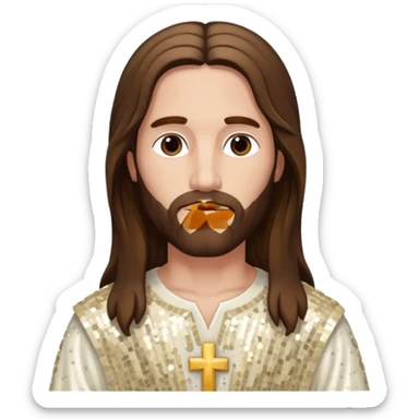 Jesus Christ with long brown hair, ivory sequin outfit sticker