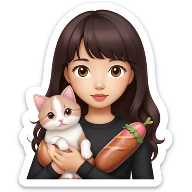 Asain girl with pink blush, wearing a black skinny top, long dark brown curled hair with straight bangs. Carrying a white kitten and a brown sausage puppy.  sticker