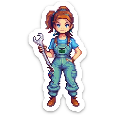 female plumber, woman plumber with ponytail and wrench, retro video game look sticker