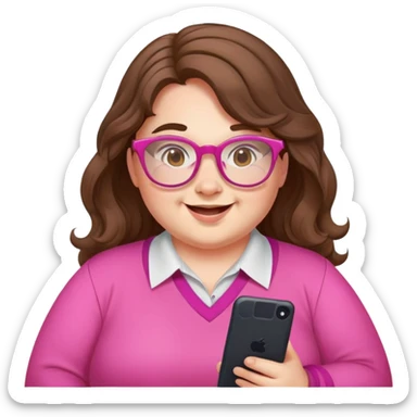 chubby English teacher face, wavy long brown hair, pink glasses, happy, gamer, online class sticker