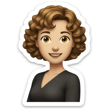 A white woman in her 30s with wavy shoulder length brown hair, bangs, hazel eyes sticker
