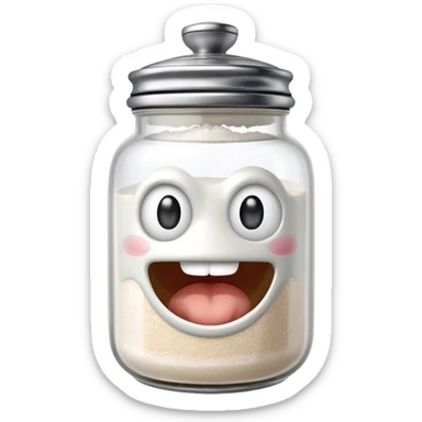 A mischievous anthropomorphic salt jar with transparent glass body and metal lid sticker