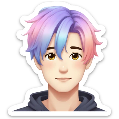 Gorgeous anime style guy with blushing face aesthetic and pretty colorful shiny gradient pastel hair trending style sticker