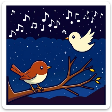 a nightingale bird singing with musical notes visible, flying against a dark starry night sky sticker
