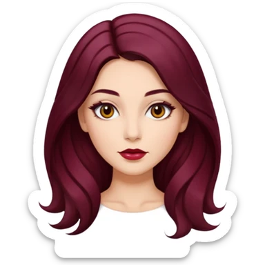 young glamorous woman 
Long waist-long hair
hair parted in the centre of her face
slightly wavy
dark burgundy hair 
 sticker