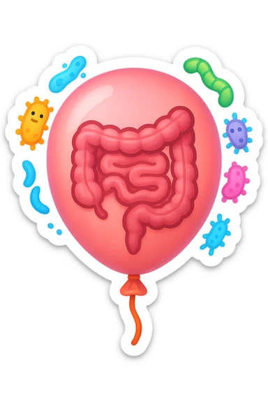 emoji stile iphone di un palloncino con intestino dentro e batteri intestinali intorno sticker